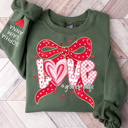 Custom Grandma Life Love Sweatshirt, Heart Bow Valentine Gift