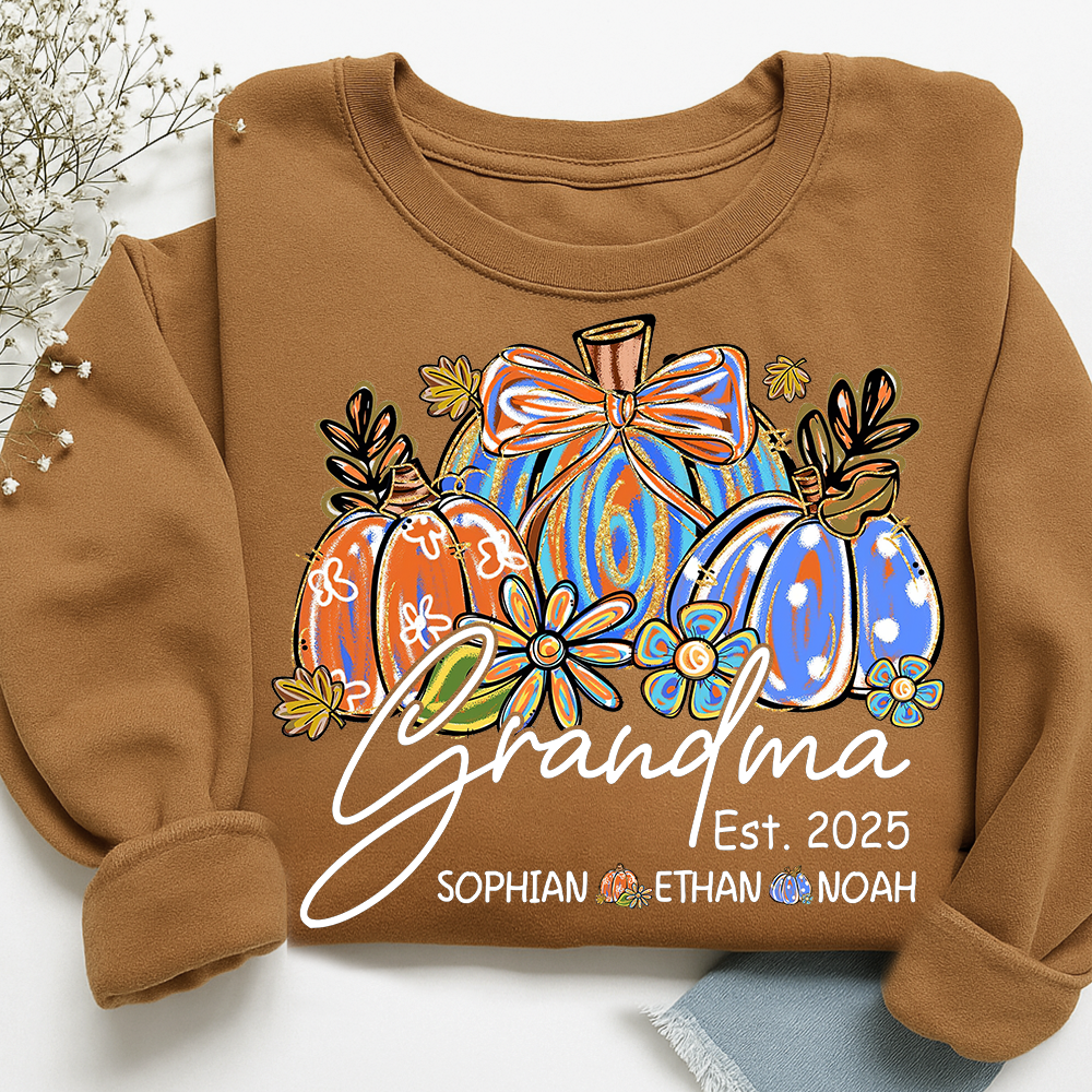 Fall Pumpkin Print Sweatshirt with Pumpkin Brush Pattern, Custom Gifts for Grandma and Grandchild