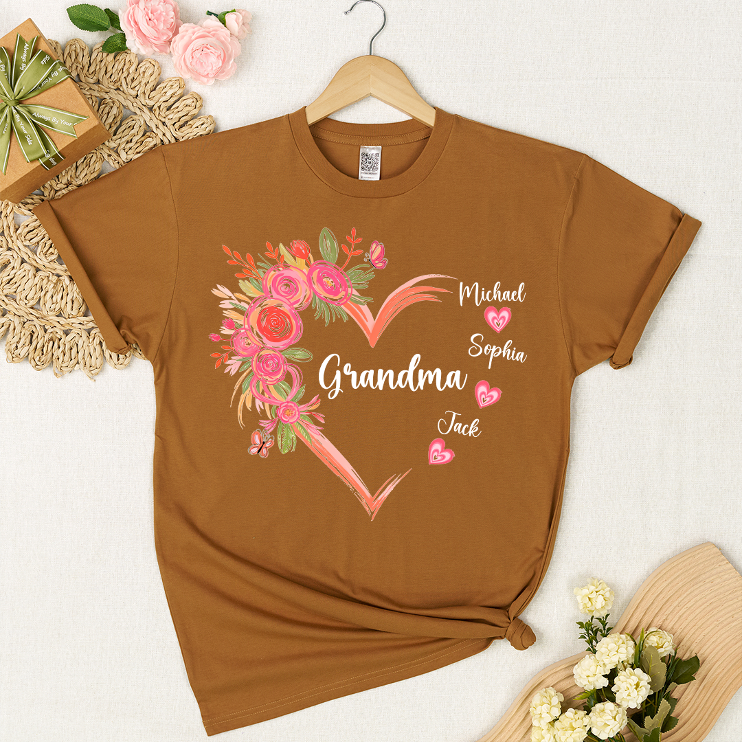 Personalized Grandma Floral Heart Shirt with Grandkids Names, Family Love T Shirt Gift