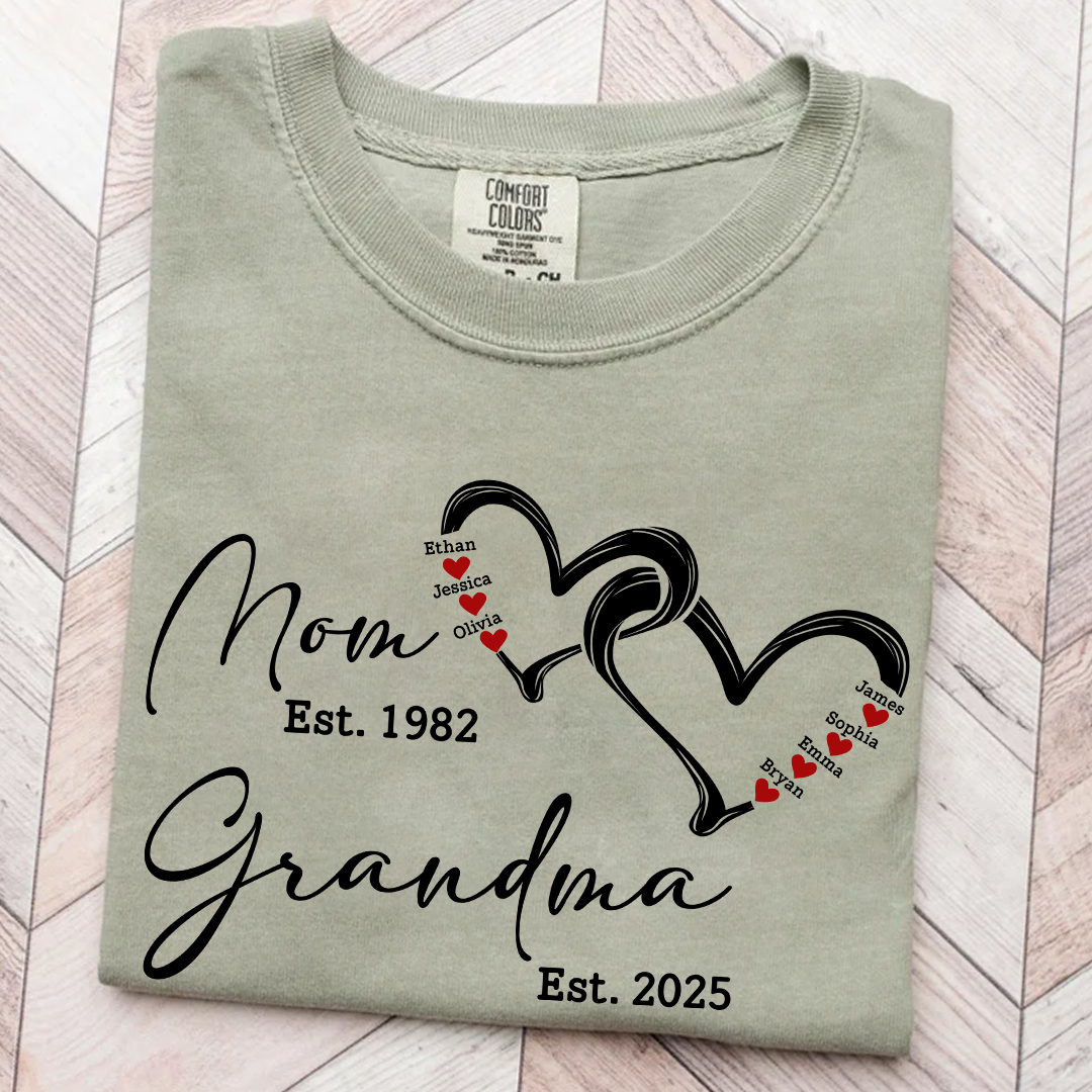 Custom Comfort Colors® Mom Est Grandma Est Hearts Kids Name