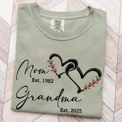 Custom Comfort Colors® Mom Est Grandma Est Hearts Kids Name