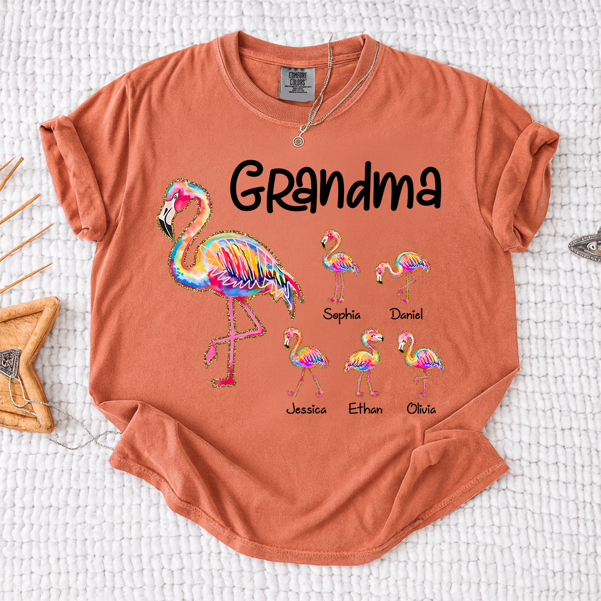 Comfort Colors Custom Grandma Flamingo Tee with Kids Names, Personalized Tropical Bird Shirt for Women, Summer Vacation Family Gift