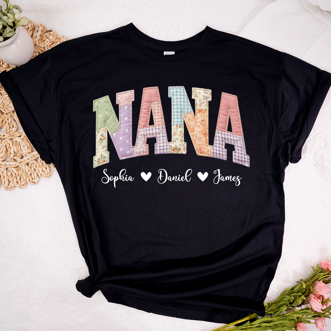 Personalized NANA Shirt – Cute Patchwork Design with Names of Loved Ones, Perfect for Grandmother