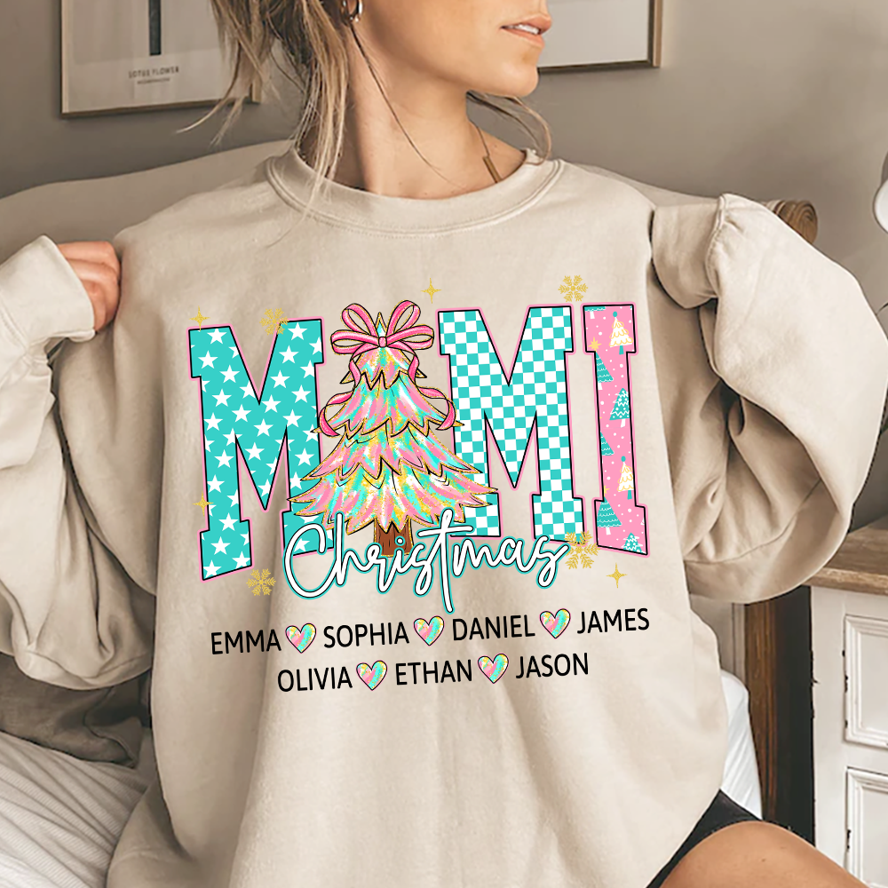 Christmas Tree Mimi Sweatshirt, Custom Family Name for Grandma And Kids