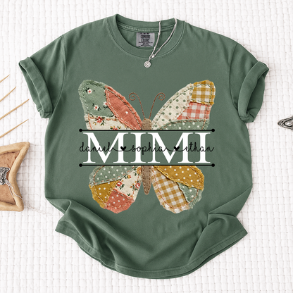 Comfort Mimi Butterfly Shirt, Custom Grandkids Names with Colorful Patchwork Butterfly Design