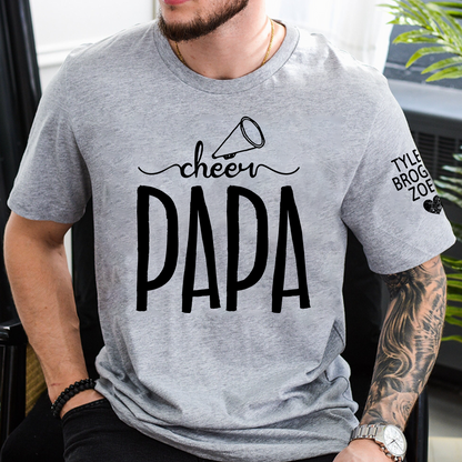 Custom Cheer Papa Tee, Personalized Dad's Cheer T-Shirt with Kid's Names