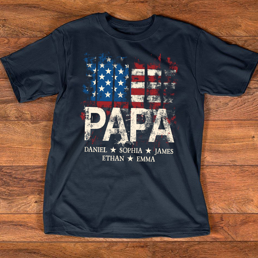 Custom Papa Shirt with Distressed USA Flag – Personalized Father Gift Featuring Grandkids or Kids Names