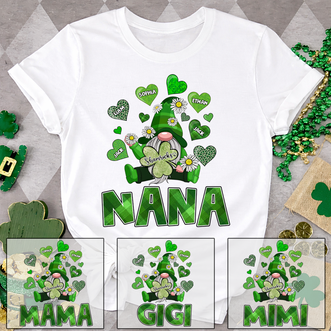 Nana Shamrock Shirt for St Patrick’s Day, Personalized Family Gnome T Shirt, for Grandma and Kids