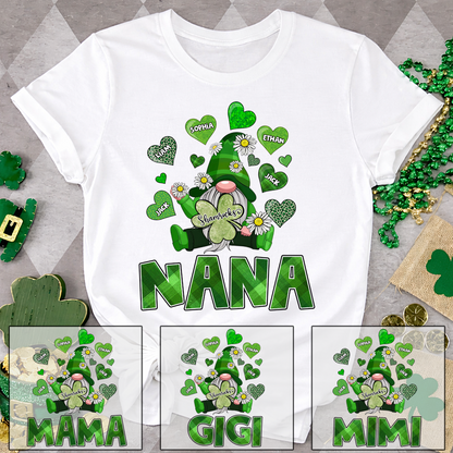 Nana Shamrock Shirt for St Patrick’s Day, Personalized Family Gnome T Shirt, for Grandma and Kids