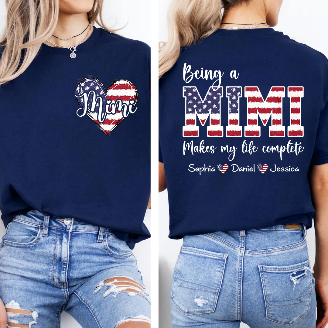 Mimi American Flag Heart Shirt, Personalized Grandma T-Shirt with Children’s Names, Gift for Mom or Nana
