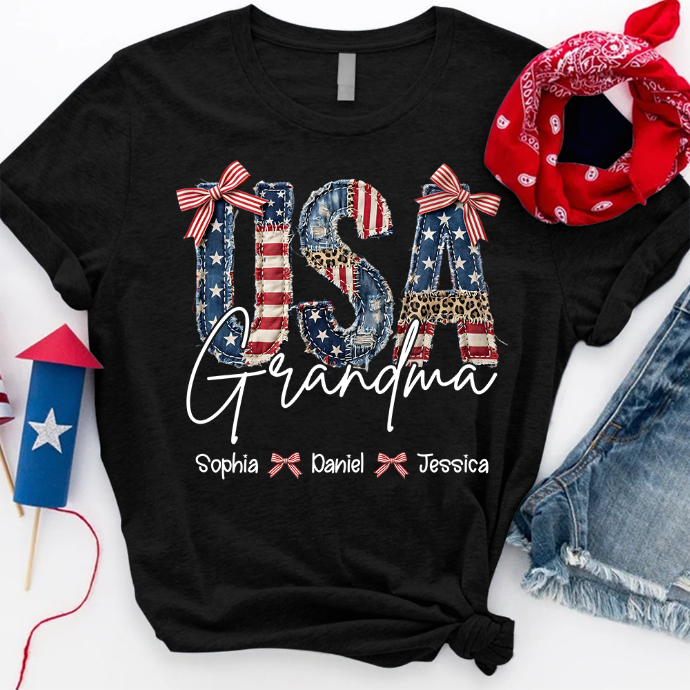 Custom Grandma T Shirt with Grandchildren Names Vintage USA Flag Patchwork Shirt Personalized Grandma Gift for Mom