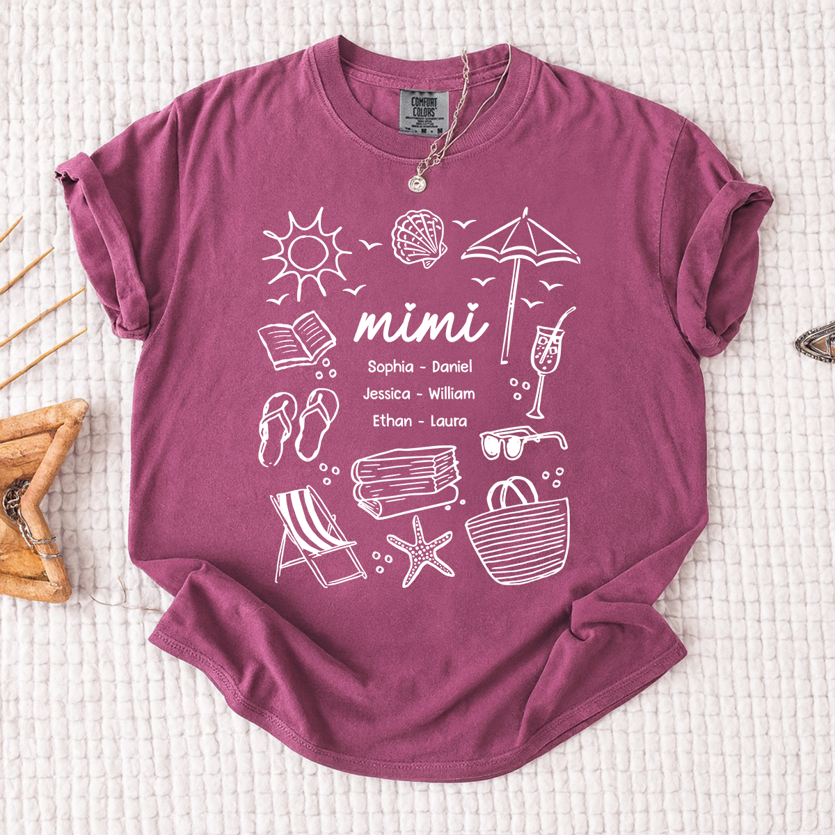 Comfort Colors Custom Mimi T Shirt with Grandchildren Names, Beach Life Graphic Tee, Personalized Summer Vacation Shirt for Women