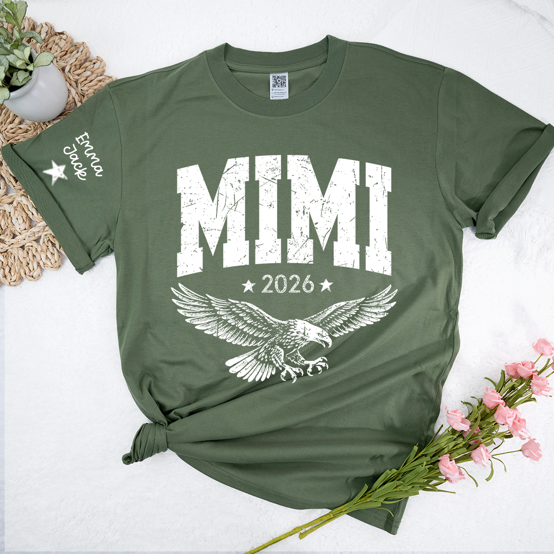 Personalized Grandma T-Shirt, Mimi Est, Custom Names On Sleeve Shirt with Eagle & Custom Names