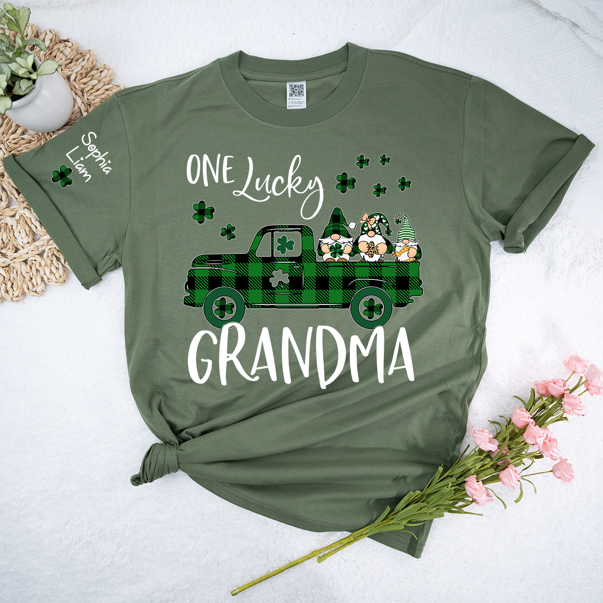 One Lucky Grandma Shirt, Personalized St Patrick’s Day Grandma Shirt With Shamrock Truck Design