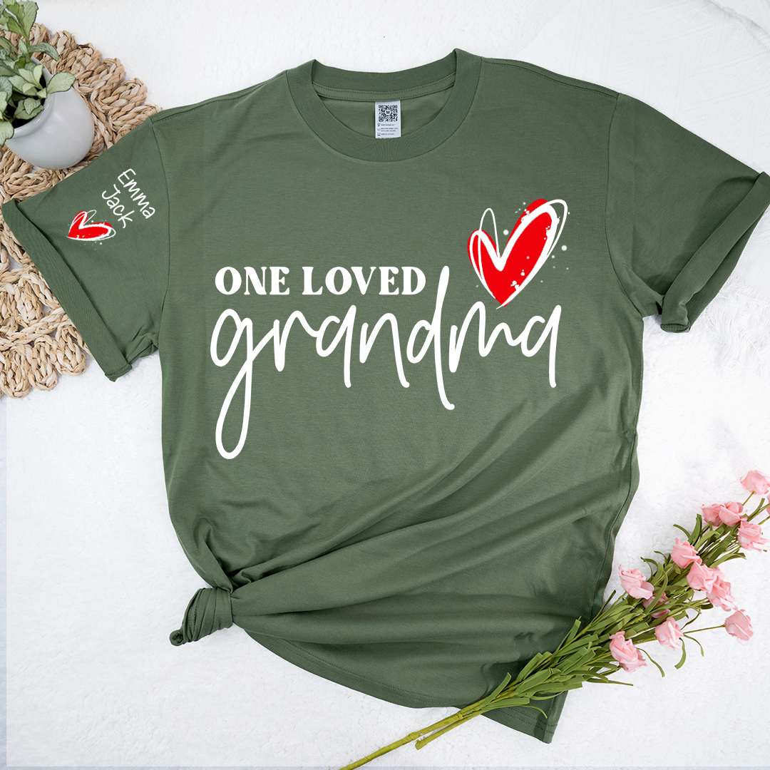 One Loved Grandma T-Shirt, Personalized Grandma T-Shirt with Heart Design and Custom Name