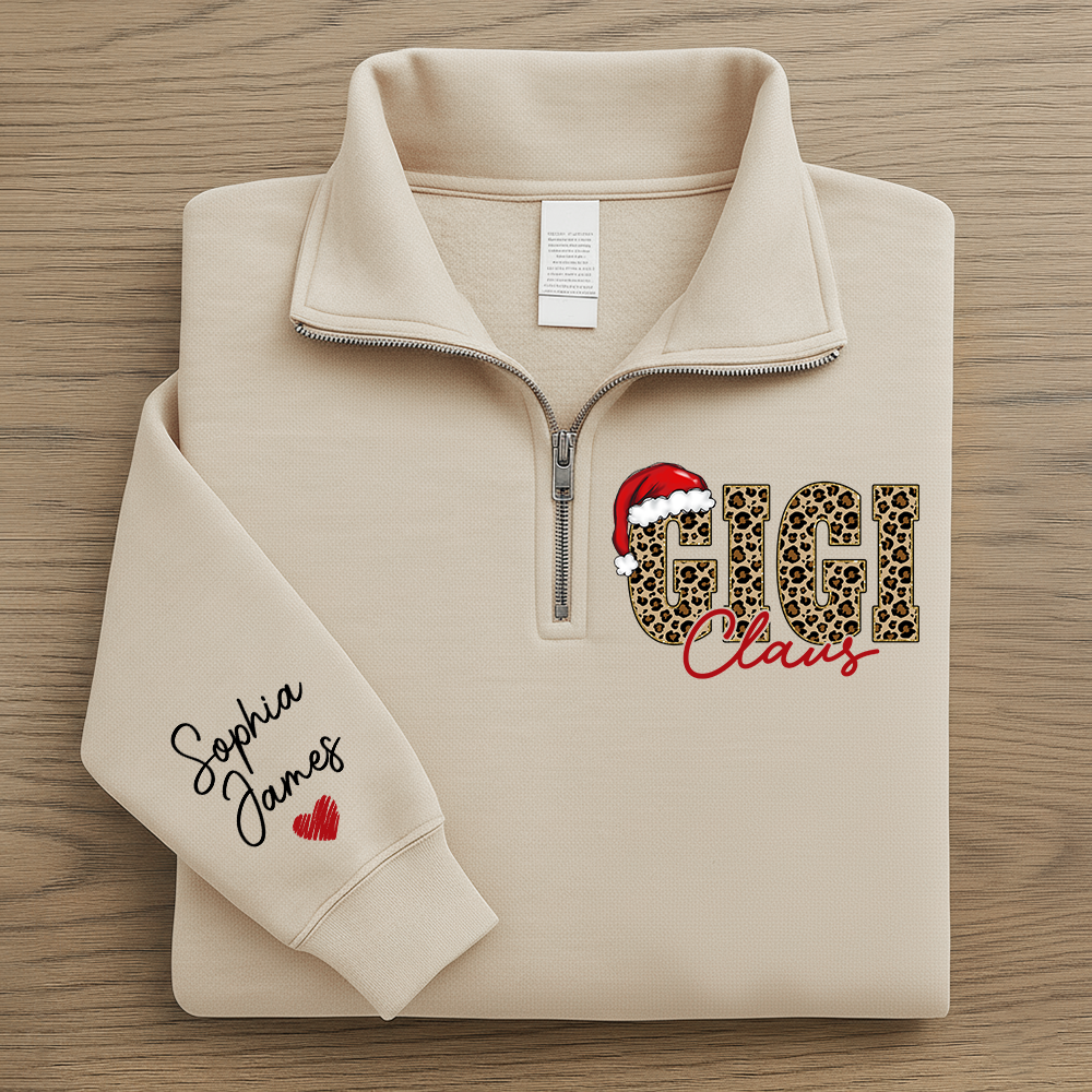 Gigi Claus Leopard Christmas Quarter Zip – Custom Name Sweatshirt Gift For Grandma