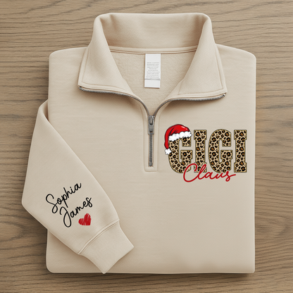 Gigi Claus Leopard Christmas Quarter Zip – Custom Name Sweatshirt Gift For Grandma