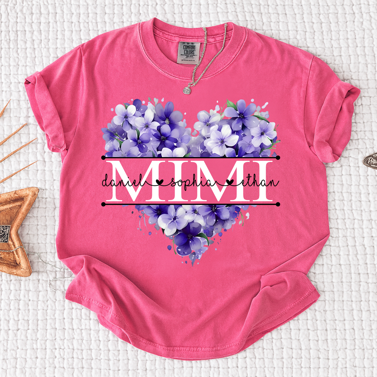 Comfort Colors Personalized MIMI T Shirt, Custom Family Names with Purple Floral Heart Design, Perfect Gift for Mimi