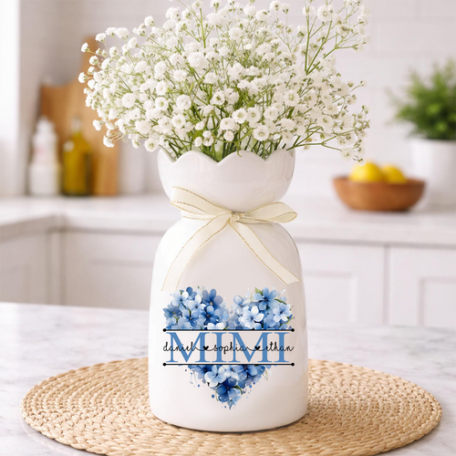 Personalized Flower Vase for Mimi, Custom Floral Heart Design with Kids' Names, Great Gift for Mimi, Mother's Day, Birthday