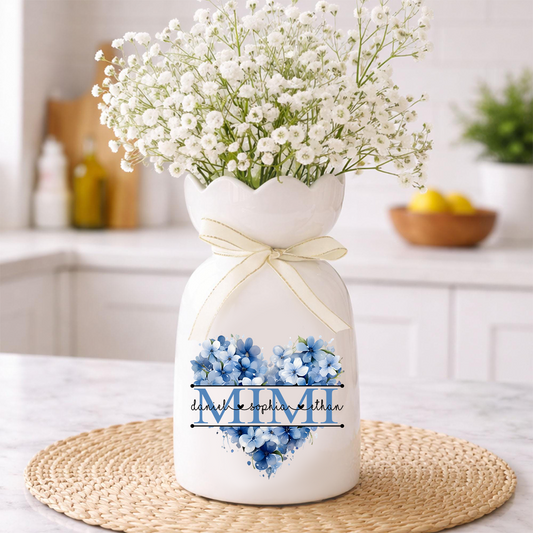 Personalized Flower Vase for Mimi, Custom Floral Heart Design with Kids' Names, Great Gift for Mimi, Mother's Day, Birthday