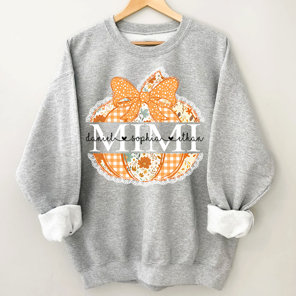 Personalized Mimi Pumpkin Shirt with Grandkids Names, Custom Fall Sweatshirt, Floral Pumpkin Grandma Gift, Thanksgiving Apparel