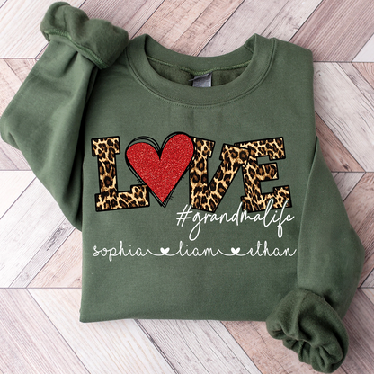 Personalized Grandma Sweatshirt with Grandkids Names, LOVE Leopard Heart Design, Grandma Life Custom Family Crewneck