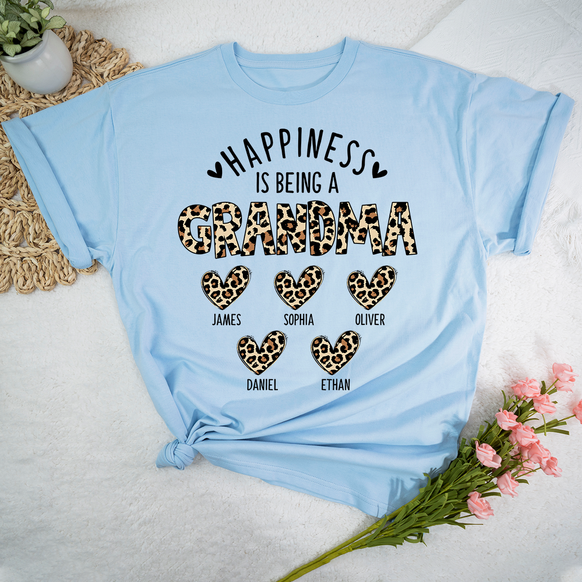 Happiness Is Being a Grandma Tee, Custom Grandma Shirt with Grandkids Names, Leopard Print Hearts Design