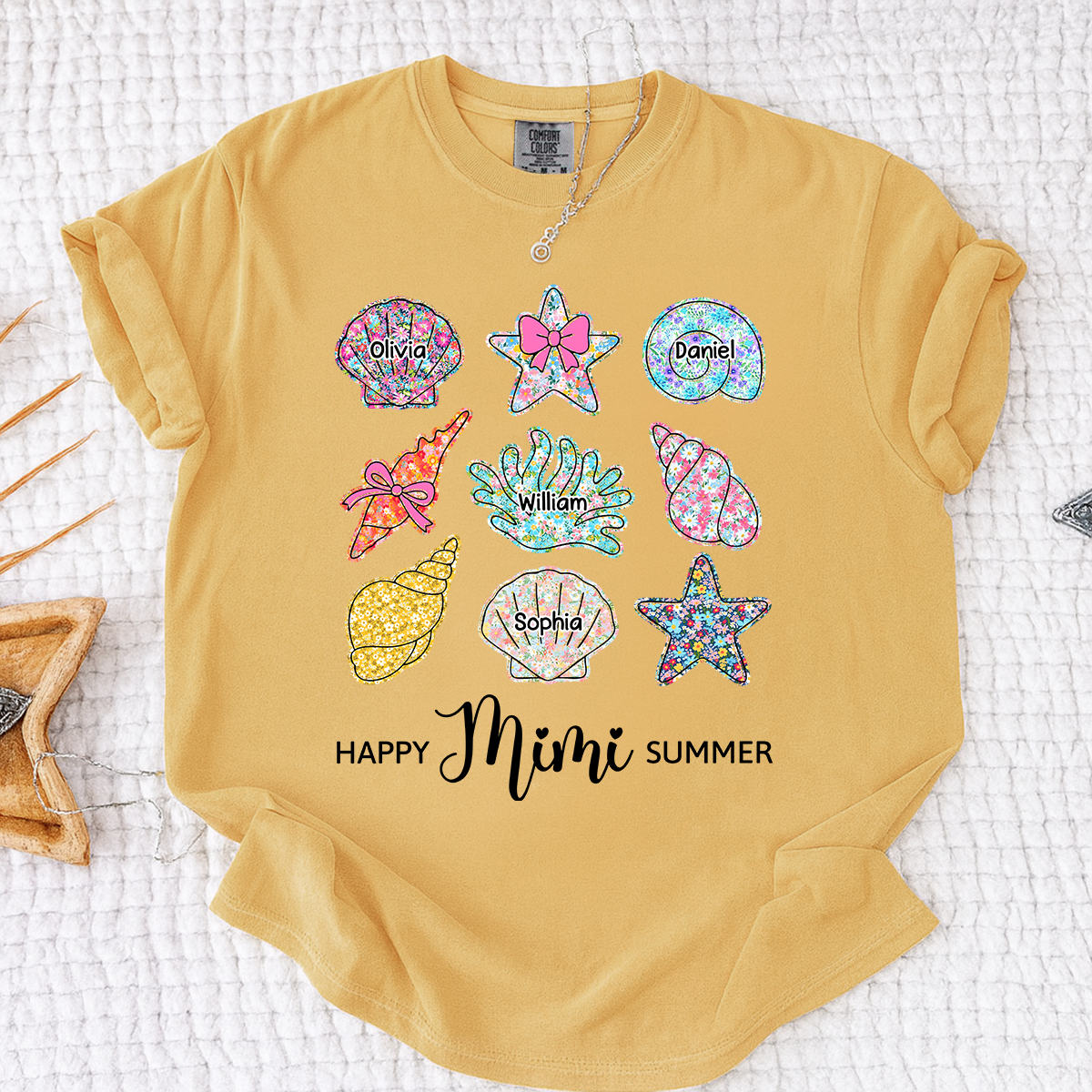 Comfort Colors Personalized Mimi Summer Beach Shirt with Grandkids Names, Custom Grandma Seashell Starfish T Shirt for Women