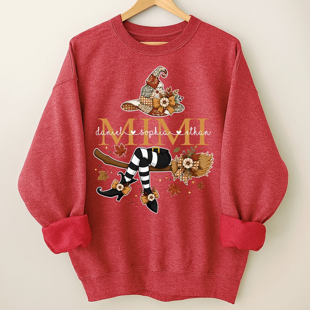 Personalized Halloween Mimi Sweatshirt, Witch Hat Pumpkin Floral Sweatshirt, Custom Kids Names Grandma Fall Outfit