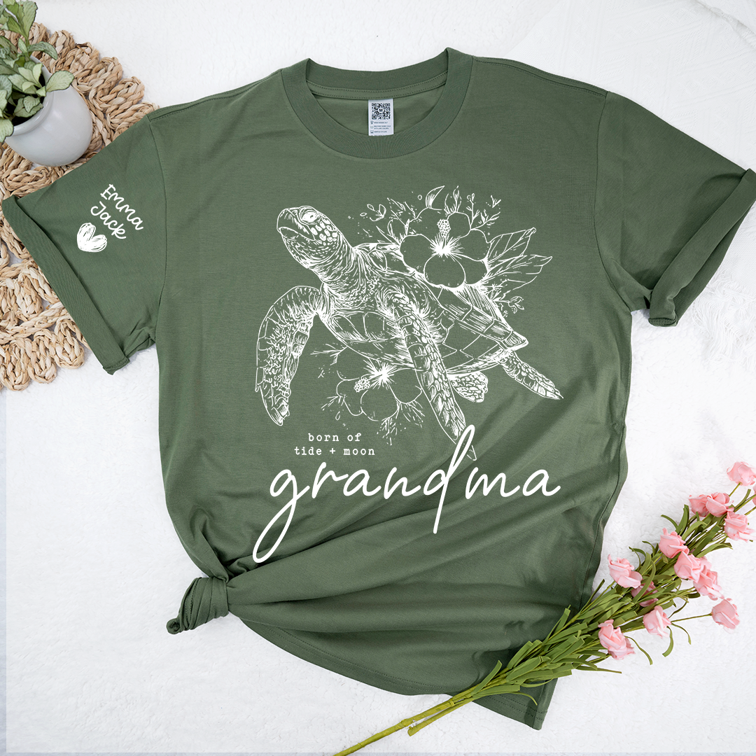 Custom Grandma Sea Turtle T Shirt, Personalized Grandchildren Names Sleeve Tee, Nature Lover Grandma Gift for Women