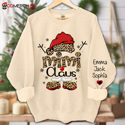 Mimi Claus Leopard Christmas, Christmas Grandma Nana Mimi Claus Shirt Custom Name