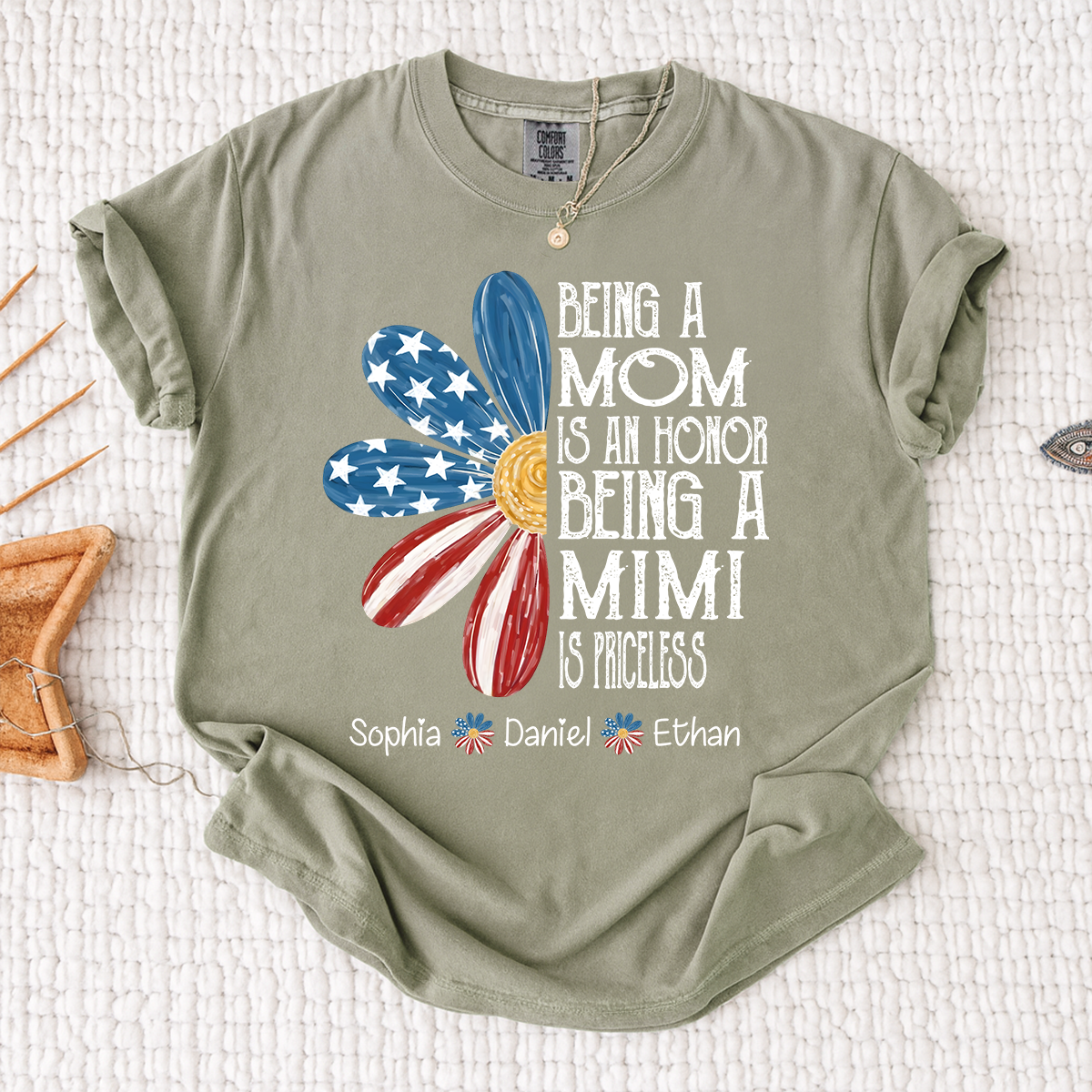 Comfort Colors Custom Mimi T Shirt with Grandkids Names USA Flag Daisy Graphic Being a Mom Is an Honor Mimi Is Priceless Family Name Personalized Apparel