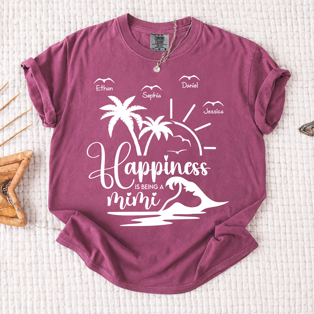 Comfort Colors Personalized Mimi Beach Shirt with Grandkids Names, Happiness Is Being a Mimi Tee, Custom Summer Grandma Gift