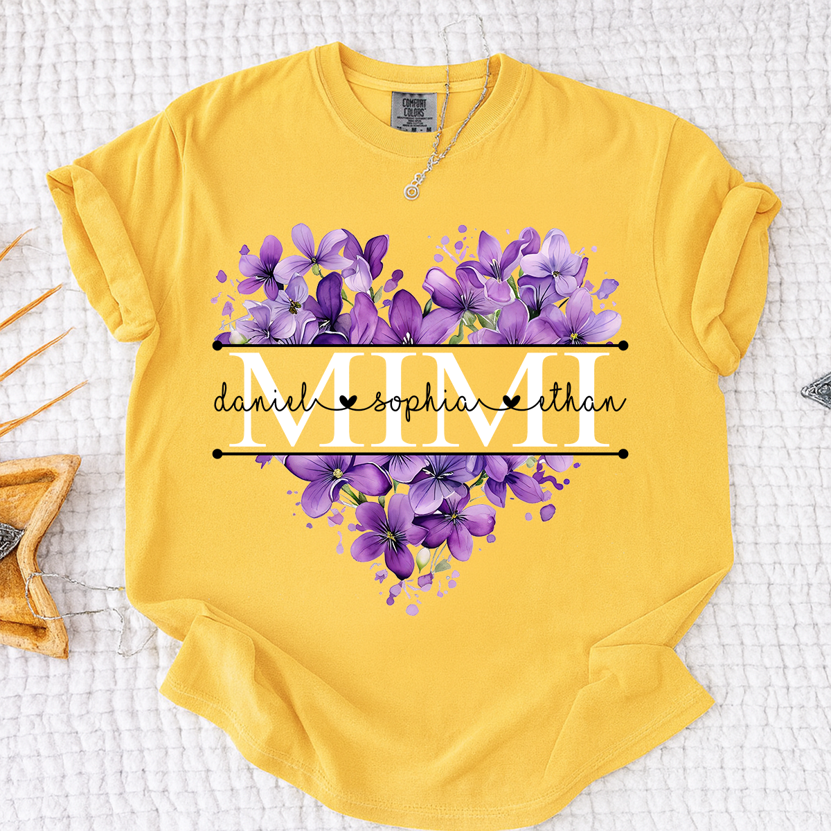 Comfort Colors Purple Floral Heart Mimi Shirt, Personalized Family Names and Violet Flower Design T Shirt
