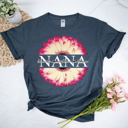 Personalized Nana T-Shirt with Pink Flower Graphic – Custom Grandma Gift Featuring Grandkids Names