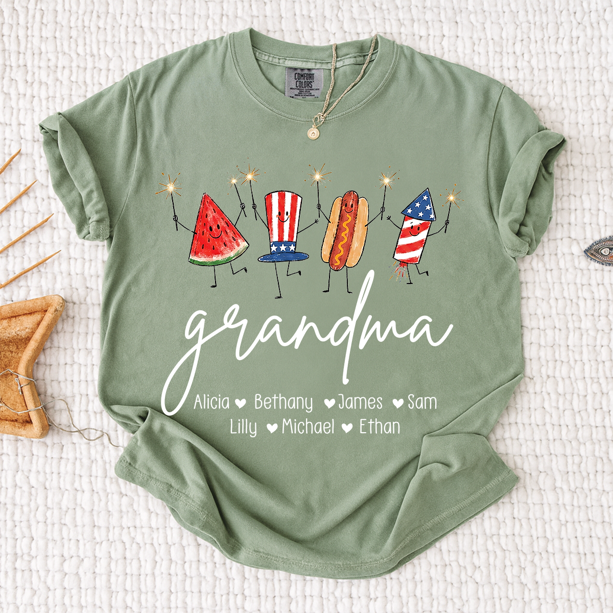 Comfort Colors® Personalized Grandma 4th of July Shirt with Grandkids Names, Patriotic Firecracker Family Tee, Custom Independence Day Grandma Gift