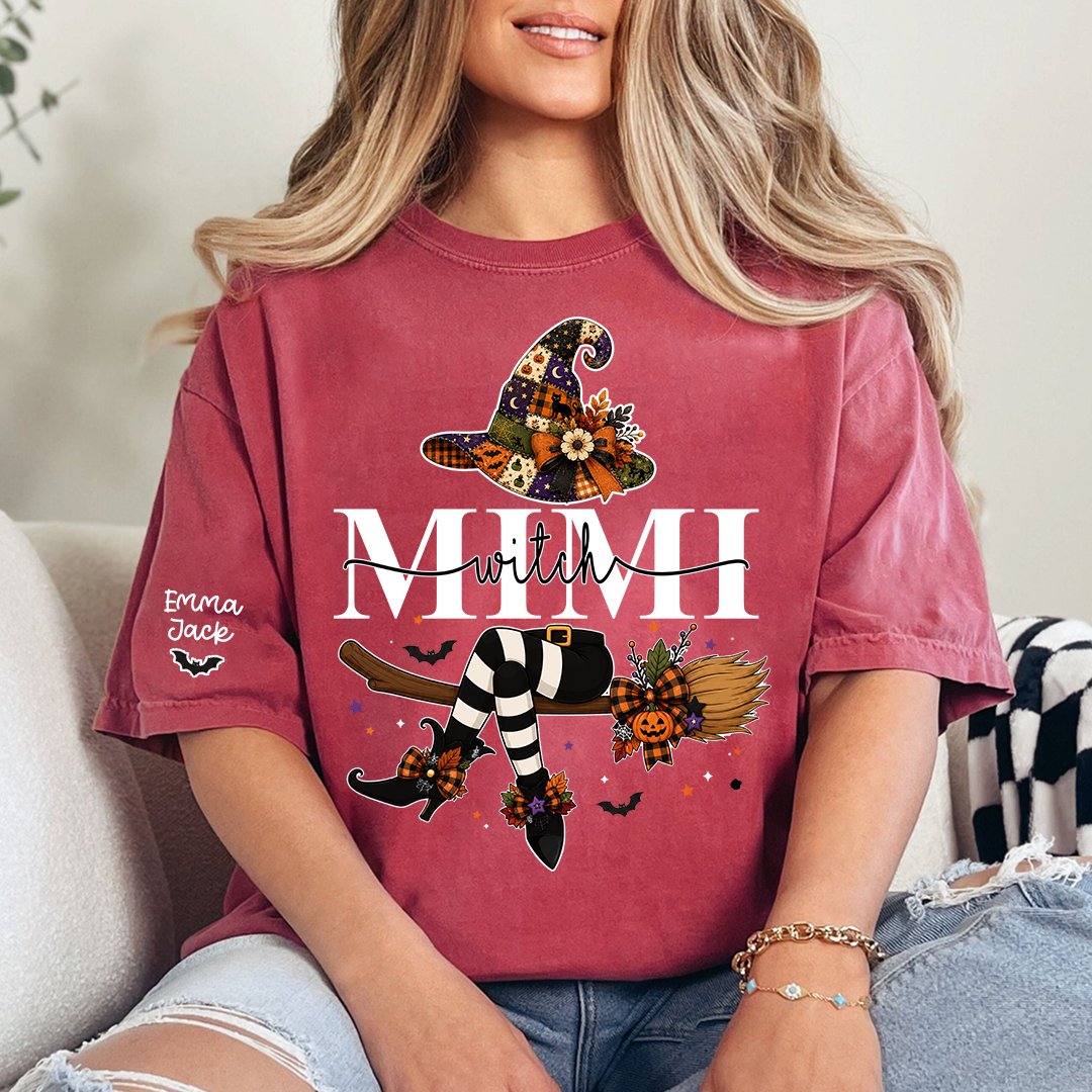 Personalized Grandma Mimi Halloween Shirt, Cute Witch and Pumpkin Design Tee, Custom Grandchildren Names T Shirt