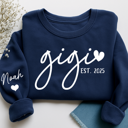 Personalized Gigi Sweatshirt, Custom Printed Name and Grandkids’ Names on Sleeve with Heart