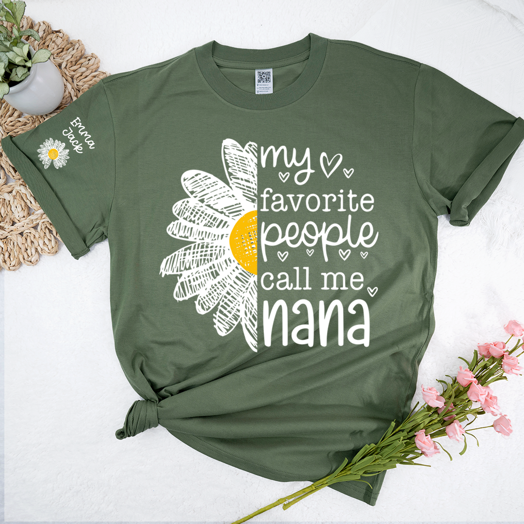 Personalized Nana Floral Shirt with Daisy and Sun Graphics, Custom Grandkids Names