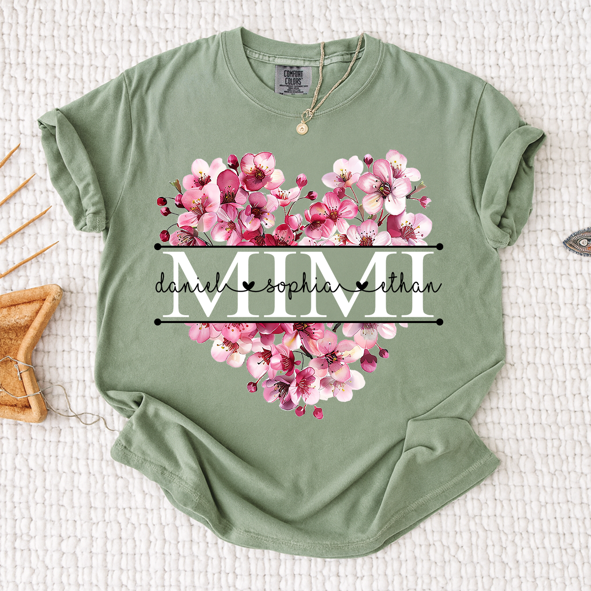 Comfort Mimi Floral Heart Shirt, Custom Family Names Pink Flower Design T Shirt