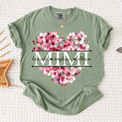 Comfort Mimi Floral Heart Shirt, Custom Family Names Pink Flower Design T Shirt