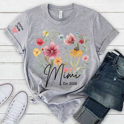 Mimi Est T-Shirt Personalized with Grandkids Names, Wildflower Floral Family Tee