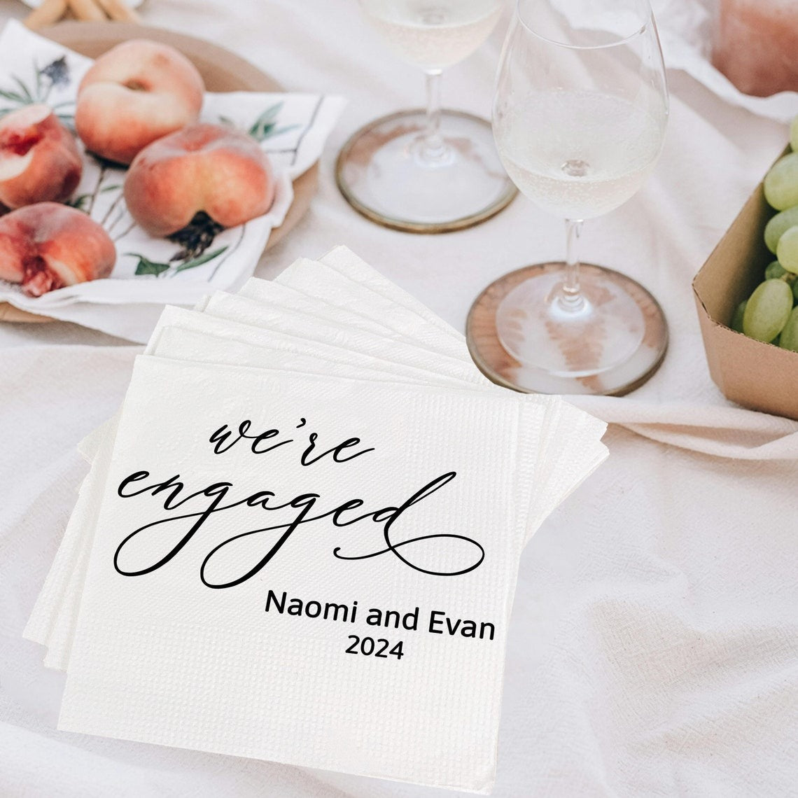 We're Engaged Napkins Engagement Party Decorations Custom Wedding Napkins Cocktail With Name Napkins Rehearsal Dinner Custom Wedding Napkins