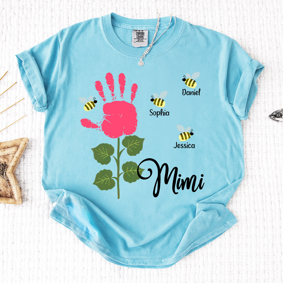 Comfort Colors Personalized Mimi Shirt, Custom Family Names with Handprint Flower Design and Bees, Perfect Gift for Mimi