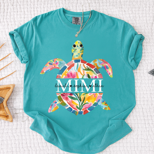 Comfort Colors Custom Turtle Family Shirt, Personalized Grandma Tee with Grandkids Names, Colorful Floral Sea Turtle T-Shirt for Women