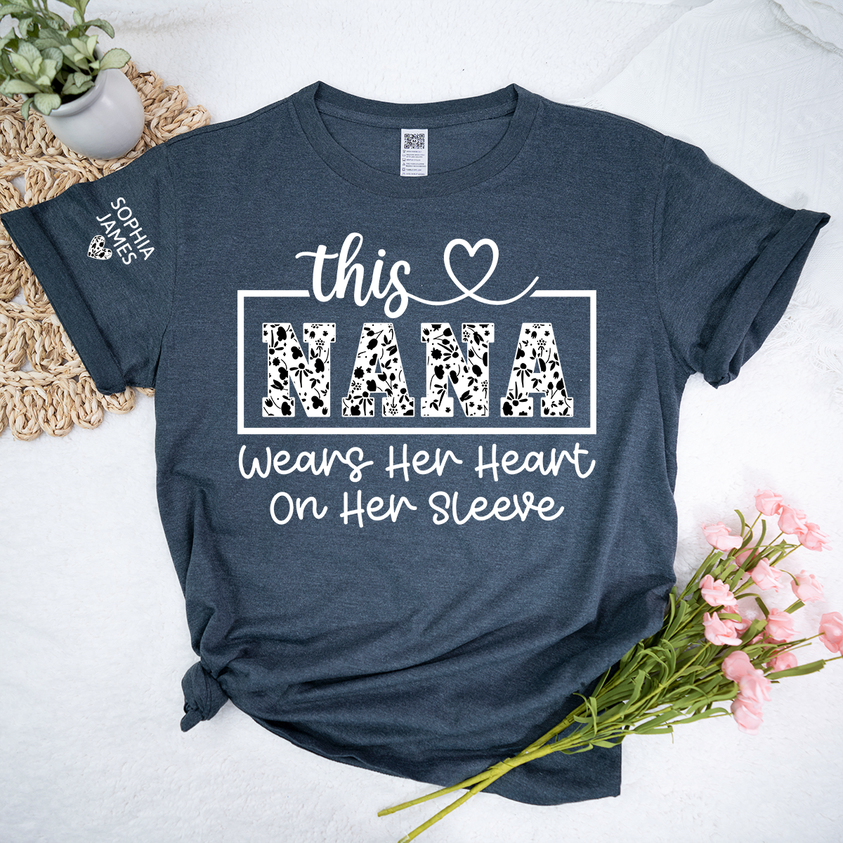 This Nana Wears Her Heart on Her Sleeve Floral T-Shirt, Custom Nana Gift for Grandmother