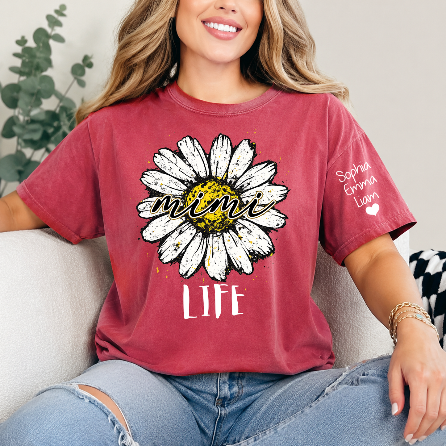 Personalized Mimi Life Daisy Shirt, Custom Grandma T-Shirt with Kids Names on Sleeve, Floral Family Name Tee Gift for Grandma, Nana Shirt