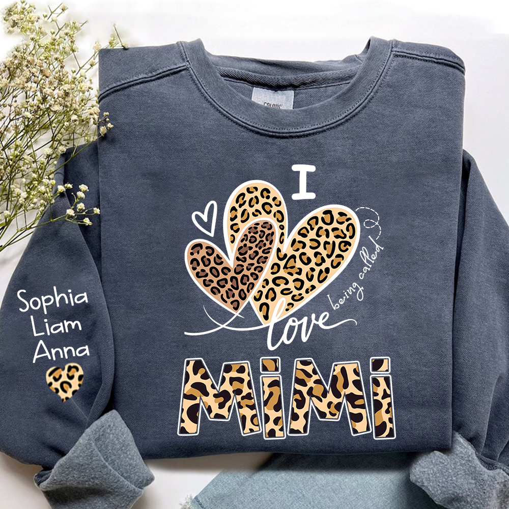 I Love Mimi Sweatshirt with Leopard Heart Design, Personalized Family Crewneck for Valentine