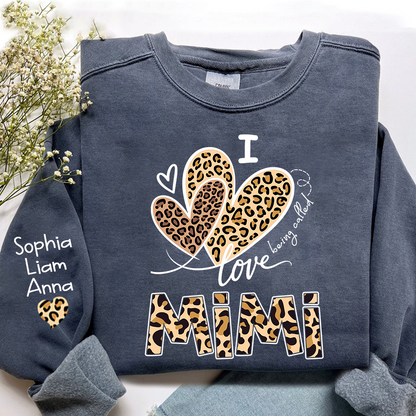 I Love Mimi Sweatshirt with Leopard Heart Design, Personalized Family Crewneck for Valentine