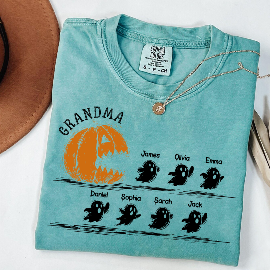 Personalized Grandma Halloween Shirt, Pumpkin And Ghosts Shirt With Grandkids Names